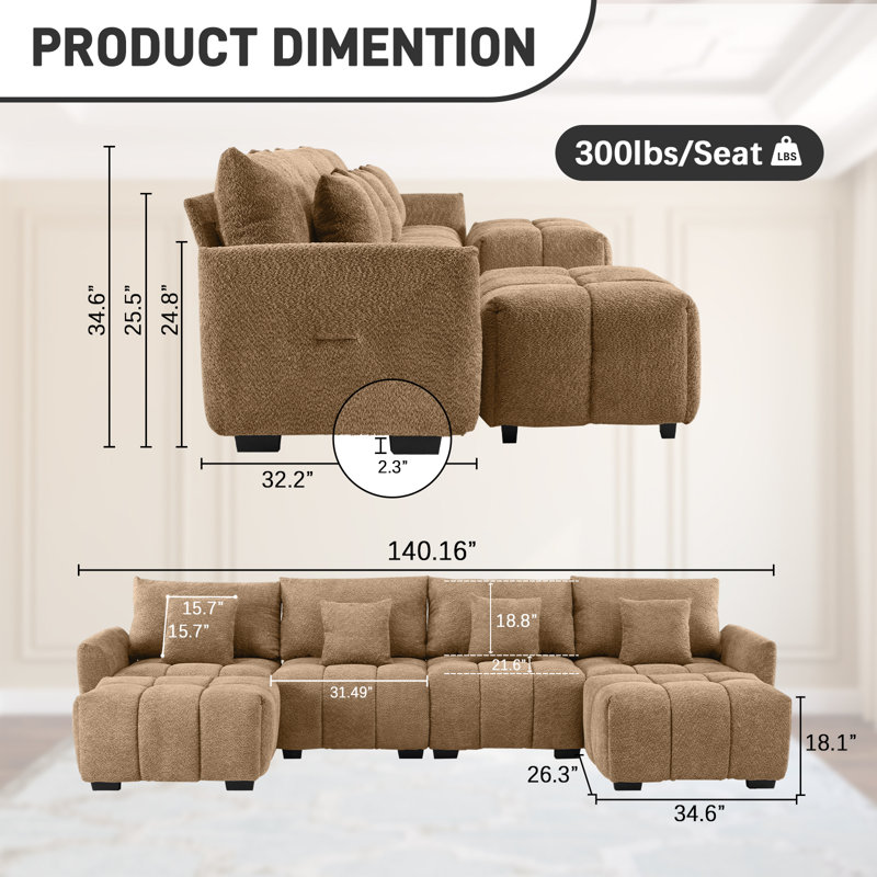 140'' W 6-Piece U-Shaped Tufted Boucle Modular Sectional, Brown Boucle