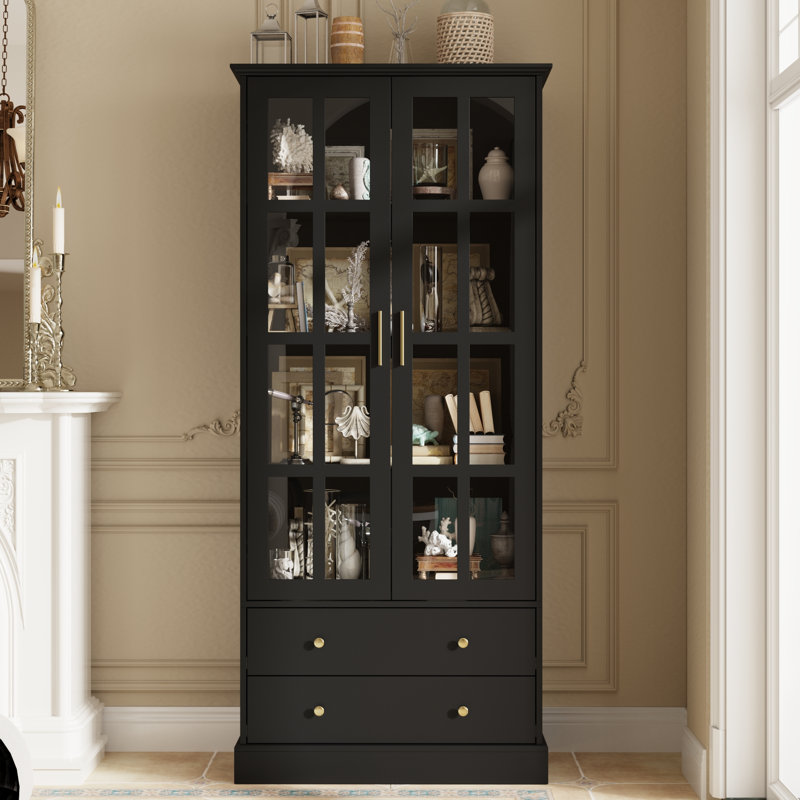 70''H Bookcase With Drawers And Glass, Black