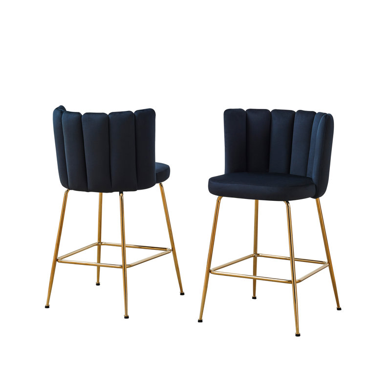 Chanett Upholstered Counter Stool with Metal Frame, Black Velvet, Brushed Gold