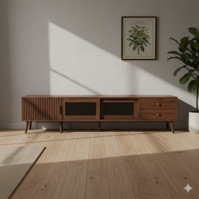 Meuble télé 76 pouces minimaliste avec portes en verre pour téléviseur de 85 po ou moins, 76 po, meuble audio-vidéo à grain de bois avec armoires de rangement, meuble télé pour salon ou chambre à coucher