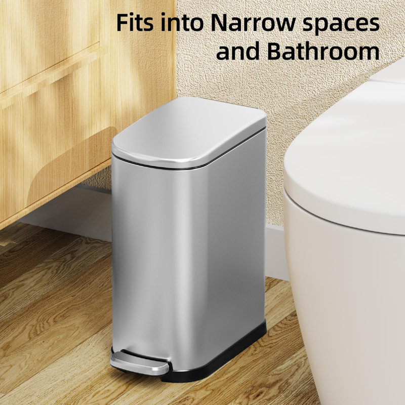 Slim Stainless Steel Trash Can With Removable Liner Bucket - Space-Saving 10L Office Garbage Bin With Silent Closing Lid (Silver Modern Design)