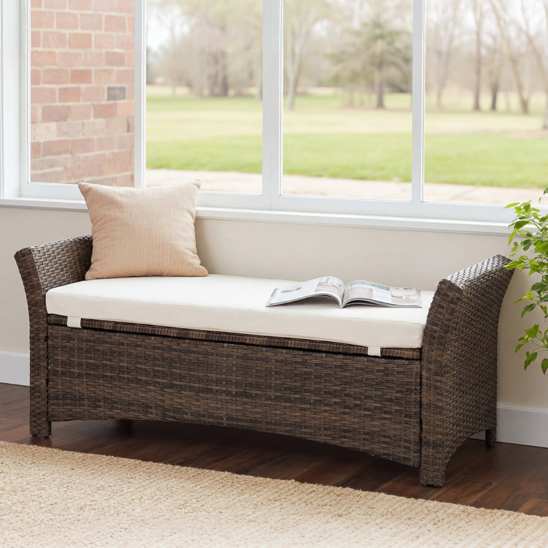 Banc de rangement rembourré en osier de 43,5 po avec accoudoirs ergonomiques pour entrée, chambre à coucher ou patio, osier synthétique brun