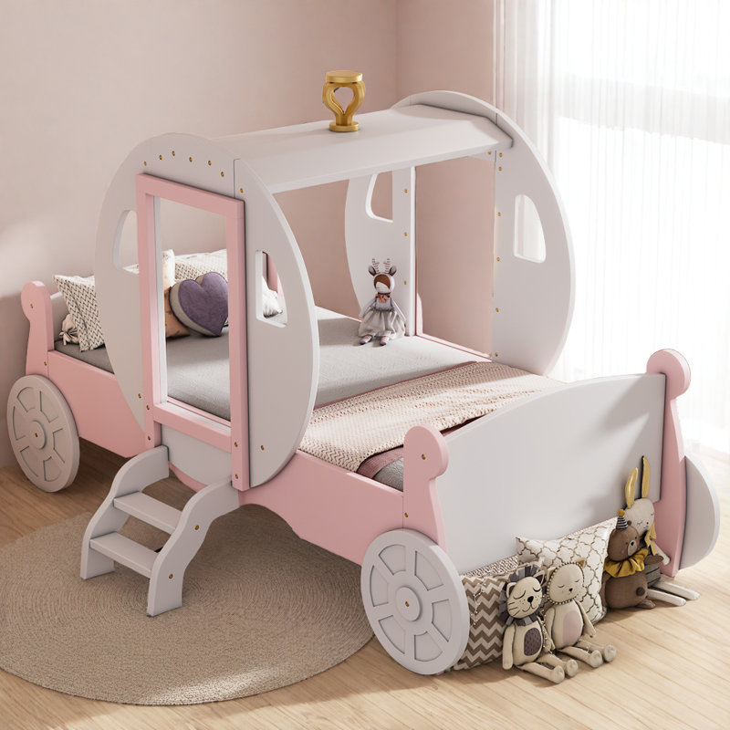 Princess Magical Crown Carriage-shaped Bed with Ladder, White