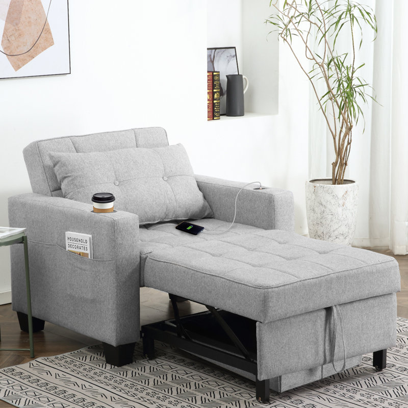 Latitude Run Linen Single Pull-out Sofa Bed 3 in 1 Convertible Chair, Light Grey