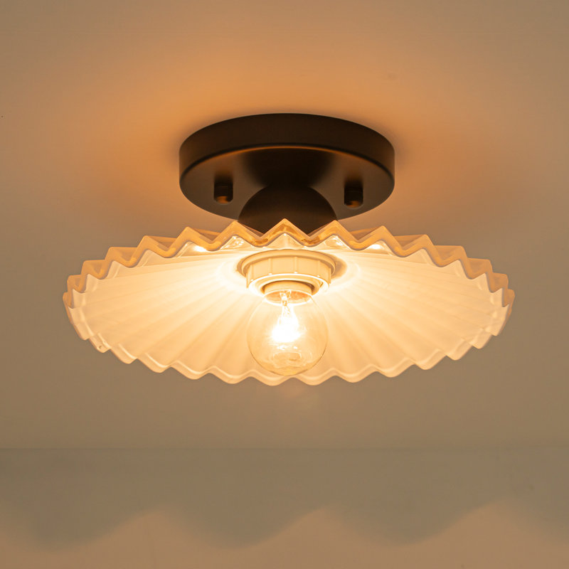 Modern Vintage Ruffled Glass Flush Mount Ceiling Light, Hand-Blown 1-Light Matte Black Ceiling Fixture with Fluted White Glass Shade for Hallway Entryway