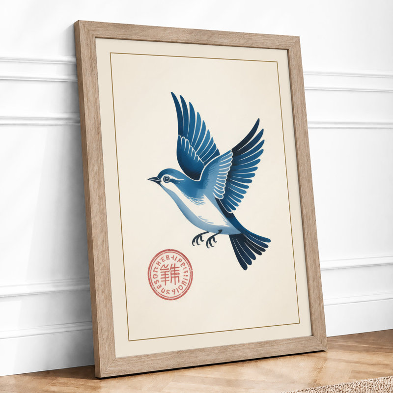 Blue Bird In Flight Japandi - Print, Oak, A4 - 29.7 x 21.0 cm