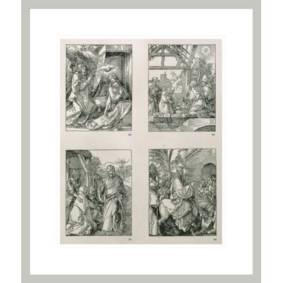 La série «Petite passion» (TL-BR): L'Annonce, l'adoration du Christ des bergers prenant le départ de l'entrée de sa mère le Christ à Jérusalem par Albrecht Dürer - Impression Giclée encadrée
