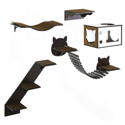 Étagères pour chat Pawhut avec plate-forme ergonomique couronnée, maison pour chat confortable, pont, escalier facile et perchoir plat, aire de jeu murale pour arbre à chat, arbre à chat moderne, brun café