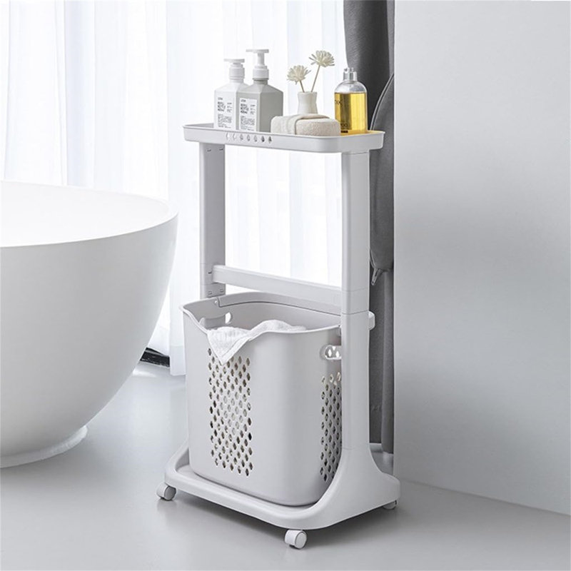 2-Tier Rolling Laundry Hamper Sorter With Hanging Rod - Stackable Laundry Cart With Removable Baskets & Wheels For Small Spaces, Dorm, Bathroom, Closet Organization