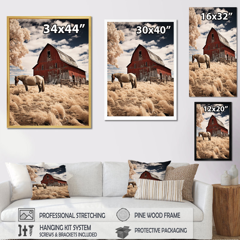«Horse Barnyard Harmony», reproduction d'art sur toile, H 44 po x l 34 po x P 1,5 po, Toile avec cadre flottant or