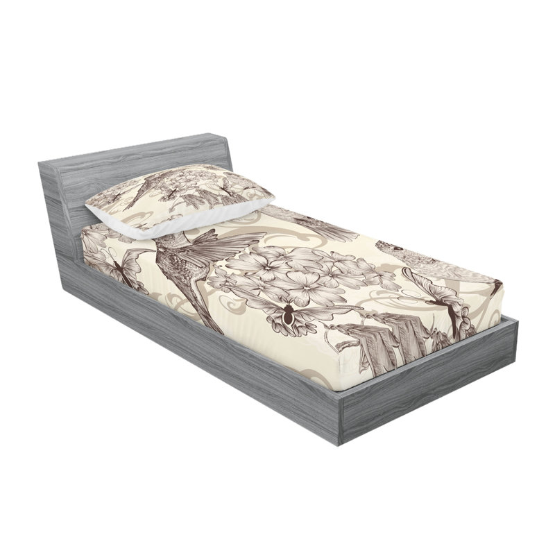 Drap-housse et coussin décoratif Ambesonne Hummingbirds crème beige brun, Ensemble de draps pour lit simple + 3 pièces supp