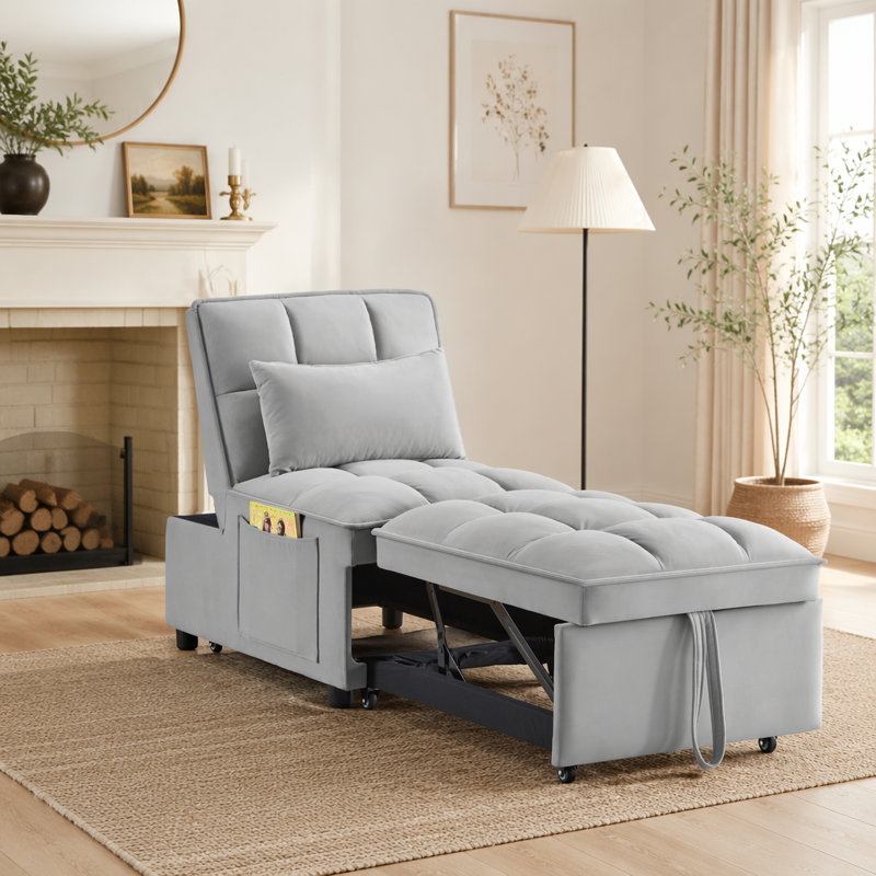 Canapé-lit simple multifonctionnel 4-en-1 avec poches de rangement, conception escamotable capitonnée, dossier réglable et coussins moelleux, gris