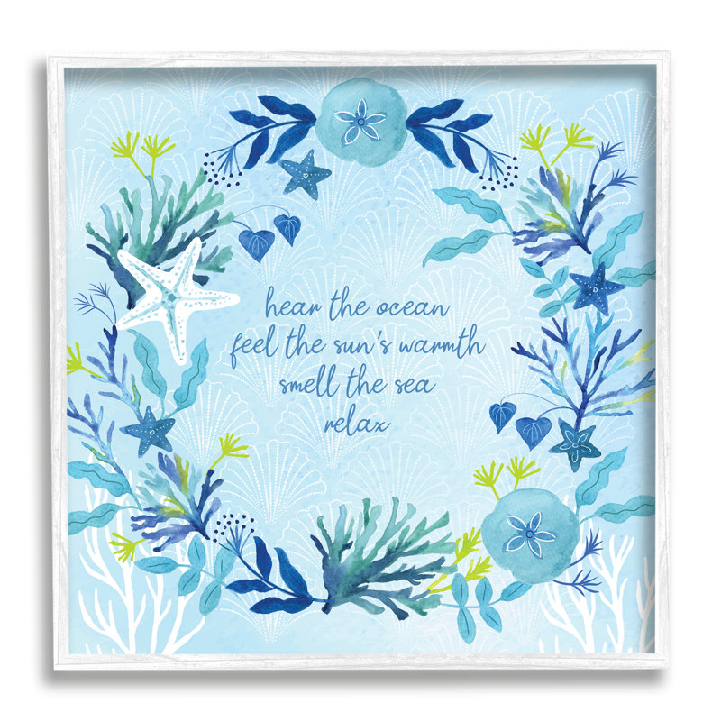 Relaxing Beach Quote Sea Life Botanical Wreath by Sharon Lee - Print, 12" H x 12" W x 1.5" D, Coastal White Framed Giclee