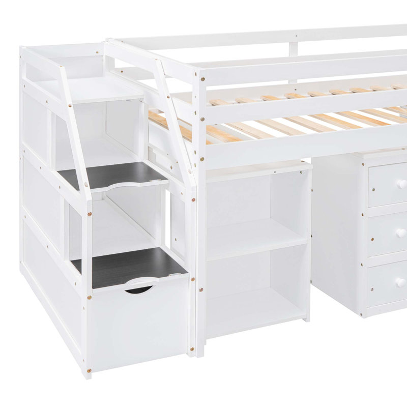 Jesska Low Loft Bed with Freestanding Desk, Storage Stairs, Dresser and Bookcase, Twin, White