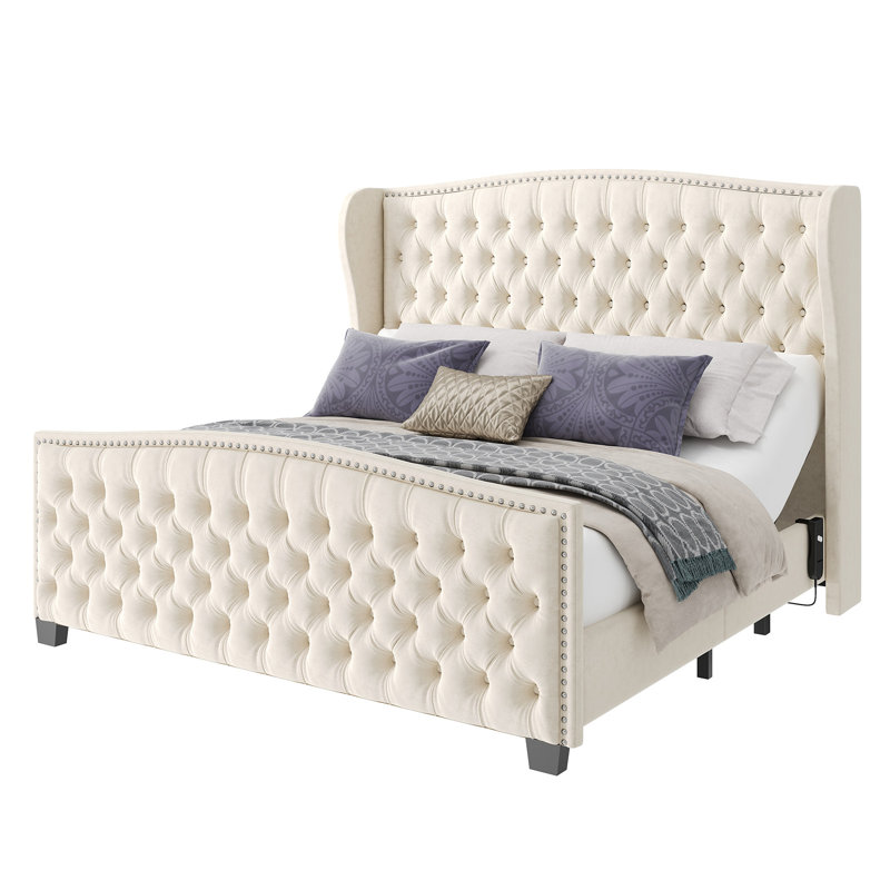 Lit ajustable en velours de 50,8 po avec tête de lit à oreilles et capitonnage profond capitonné, Grand lit, Crème, crème