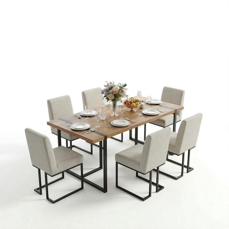7-Piece Modern Rectangular Dining Table Set For 6 With Upholstered Dining Chairs, Beige
