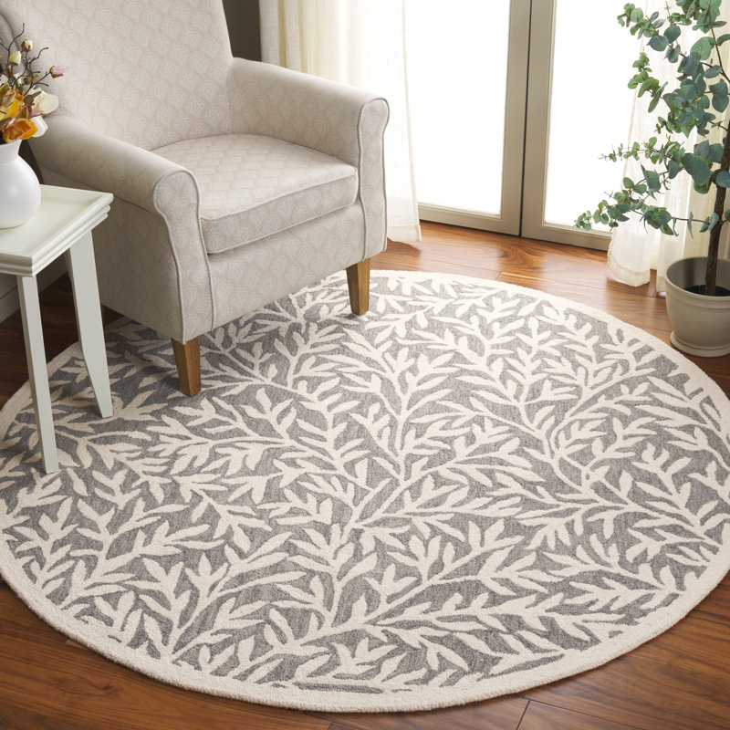Tapis floral gris / ivoire / gris / ivoire en laine / coton touffeté à la main Martha Stewart, Rond 6 pi
