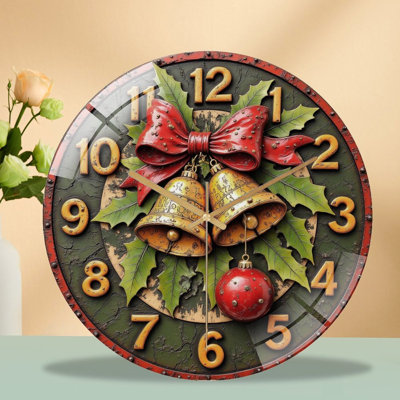 Christmas-Clock-With-Bells-And-Bow Art - 12‘’ Modern Glass Wall Clock