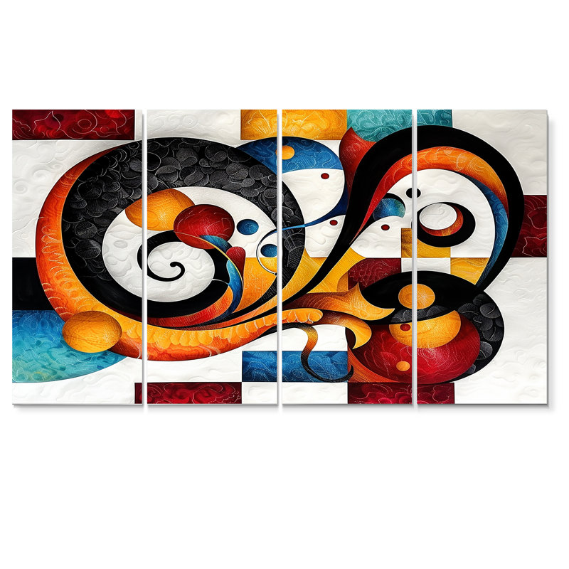 Whirling Swirls Retro Red and Blue I - Abstract Spirals Wall Art For Living Room 4 pièces, H 32 po x l 64 po