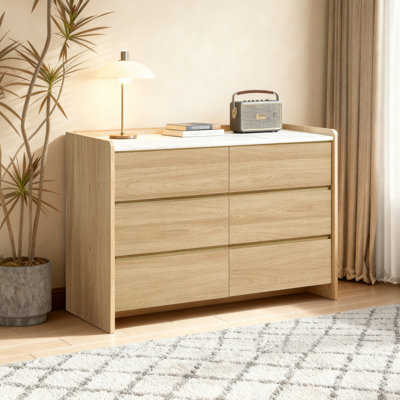 Commode 6 tiroirs 47,2 ", commode en bois manufacturé d'inspiration chêne moderne avec plateau en faux marbre, commode de chambre