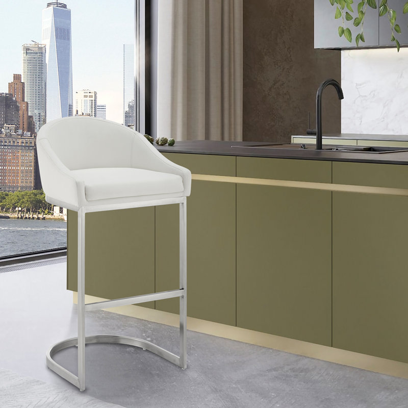Ambrie 30" Bar Stool In Brushed Stainless Steel With White Faux Leather, White, Silver