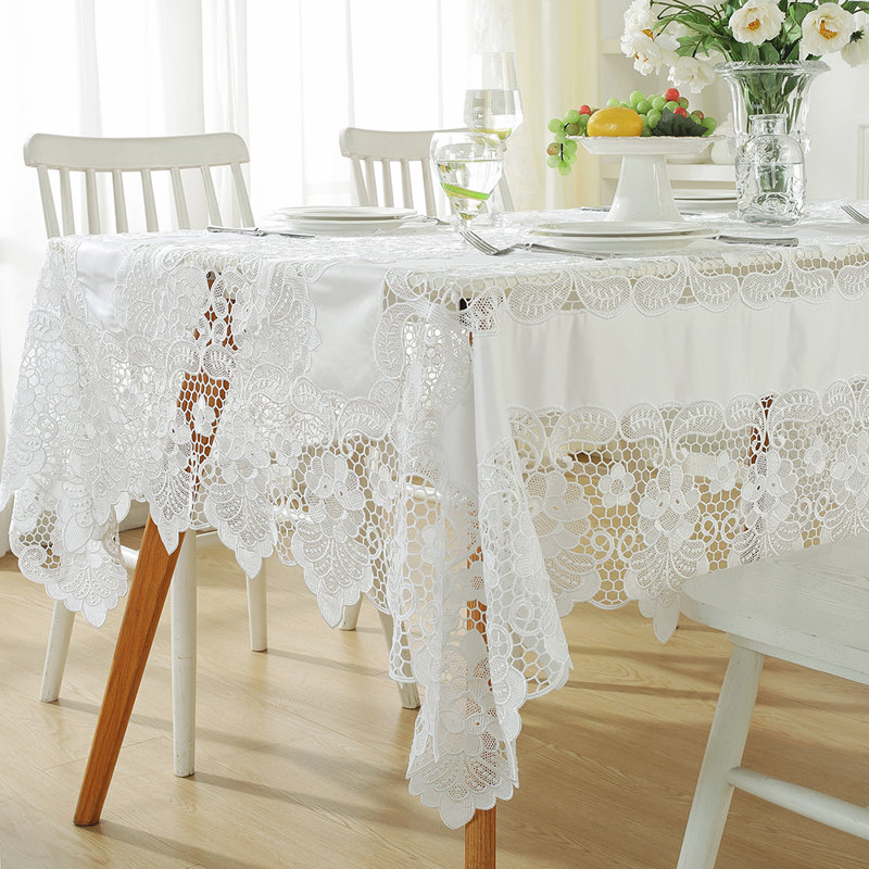 White Rectangle Embroidery Lace Tablecloth Holiday Cocktail Party Table Wear, 118"L x 67"W