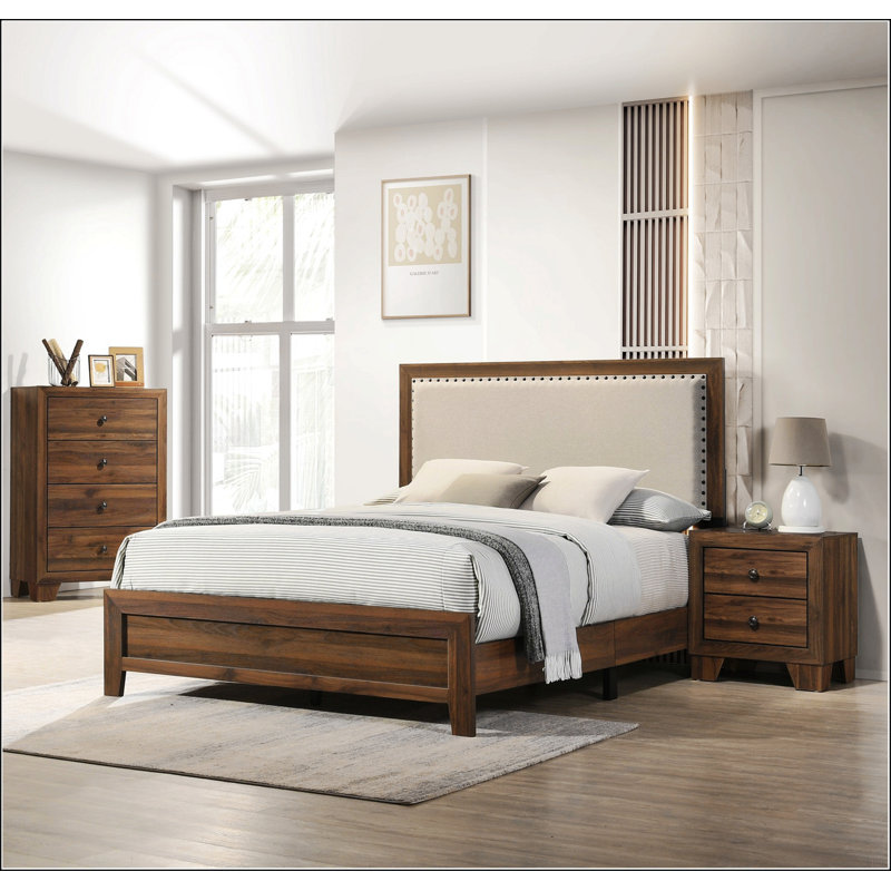 Shristi Fabric Upholstered Headboard Tufted Nailhead Trim 1pc Panel Bed Beautiful Wooden Bedroom Furniture, Brown, King