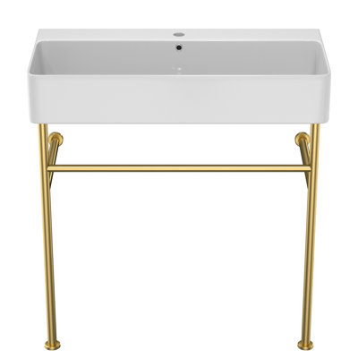 32" White Console Sink Overflow - Ceramic & Attractive Leg Structure Bathroom Basin Strong