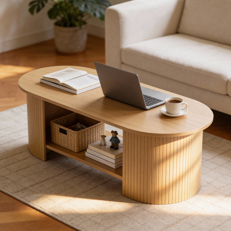 Oval Coffee Table With Storage, Mid-Century Modern 2-Tier Center Table For Living Room, Oak, 18.03" H x 42.51" W x 20" D