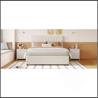Lit plateforme double tapissier pleine grandeur avec 2 tiroirs et 1 lit gigogne simple, tête de lit classique, beige