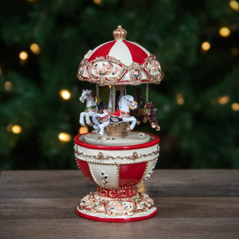Ivory and Red Resin 7.25" Musical Horse Carousel