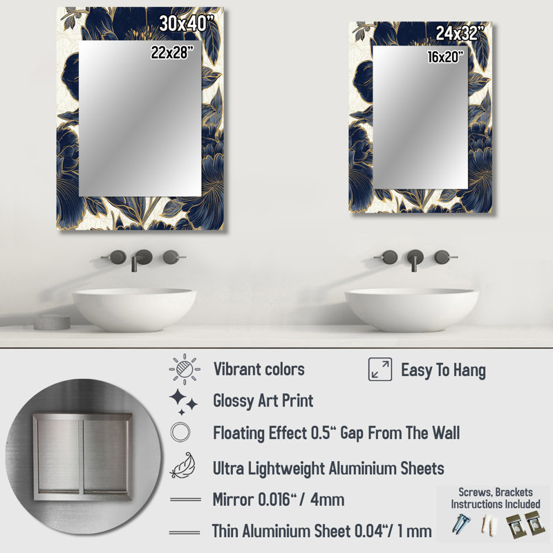 Bleu doré, pivoines célébration VI - miroir pivoines, miroir mural décoratif moderne, impression sur métal, 40 po x 30 po
