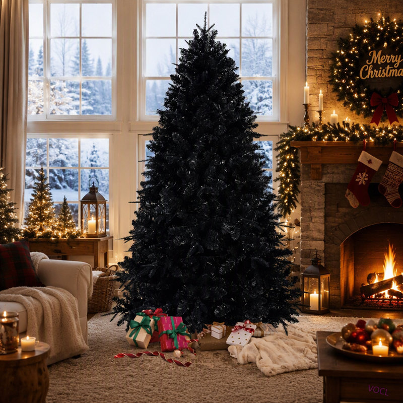 Arbre de Noël 8 pi avec 600 lumières DEL, arbre artificiel 2486 PE + PVC pour décoration d'Halloween et des Fêtes, structure à charnières avec support en métal stable