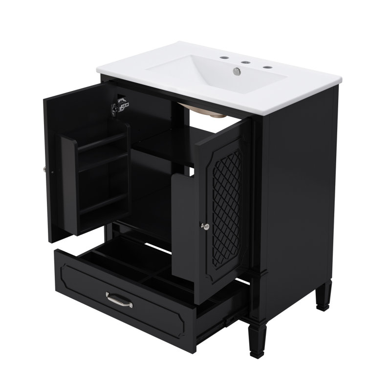 [Vidéo] Ensemble de meuble-lavabo 60 po avec lavabo double, 2 armoires avec organisateurs de porte et 2 tiroirs, noir (même numéro de pièce: N759S218644B)