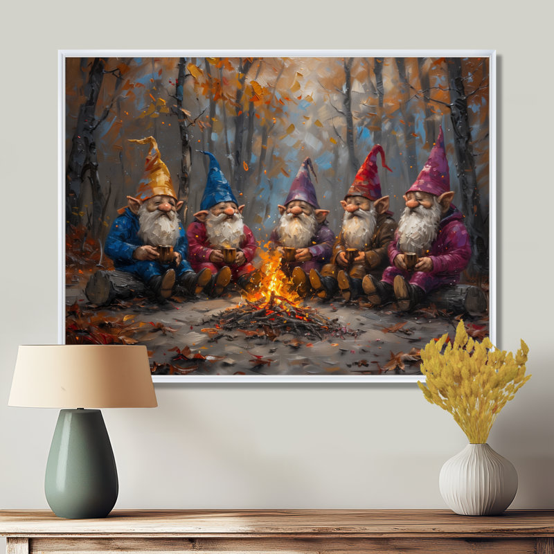 Rose rouge, automne, gnome - art mural gnome, H 24 po x l 32 po, Cadre flottant blanc, bois massif