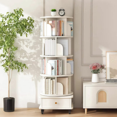 Bibliothèque 360 Spinning avec roulettes, base stable et tiroir, convient pour le rangement de bureau personnel - petit espace blanc chaud