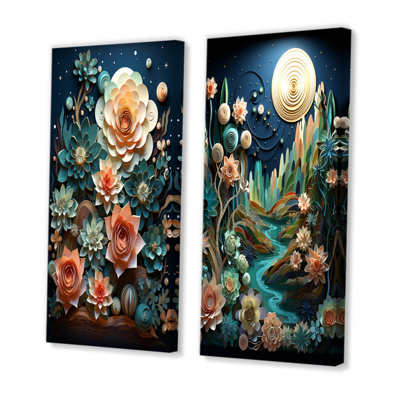 Cactus bleu sarcelle crépuscule - ensemble de 2 décorations murales cactus, H 28 po x l 25 po, Toile tendue