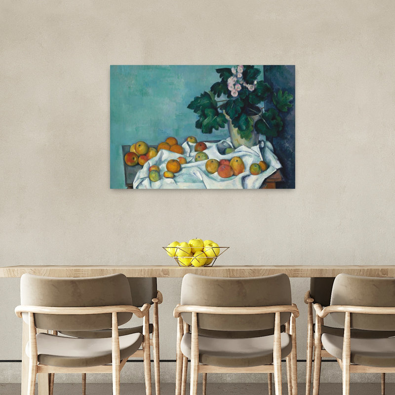 Still Life With Apples And A Pot Of Primroses, C.1890 Impressionist Abstract Contemporary Flower Fruit Wall Art Print by Paul Cezanne - Wrapped Canvas Print