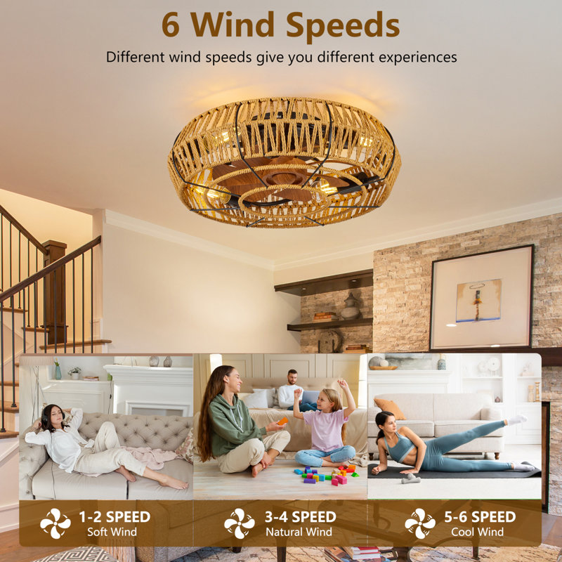 Ventilateurs de plafond en cage de 19 po avec lumières et télécommande, ventilateur de plafond encastré Boho avec éclairage, ventilateur de plafond à 6 vitesses réversible sans lame. Pour le salon.