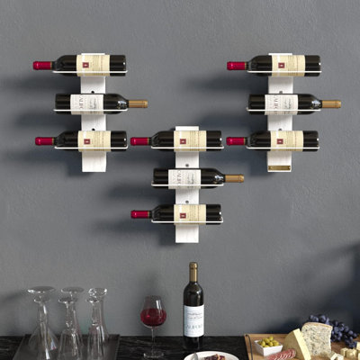 Wall Mount Wine Rack Organizer for 9 Bottles, Elegant and Farmhouse Rustic White Wood Wine Storage Display Holder for Kitchen and Home Decor
