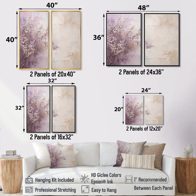 «Blooming Lilac Melody II» - art mural traditionnel mauve, H 36 po x l 48 po, Impression encadrée flottante, Doré