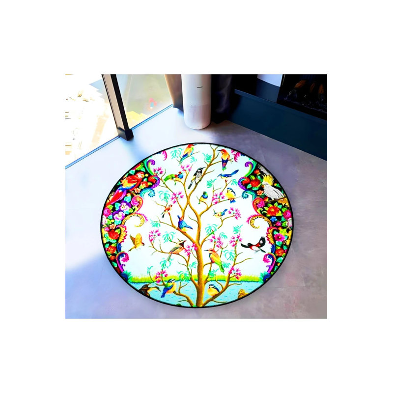 Tapis décoratif avec motif de branches et de fleurs multicolores et détails de perroquet et d'oiseau, Rond 5 pi