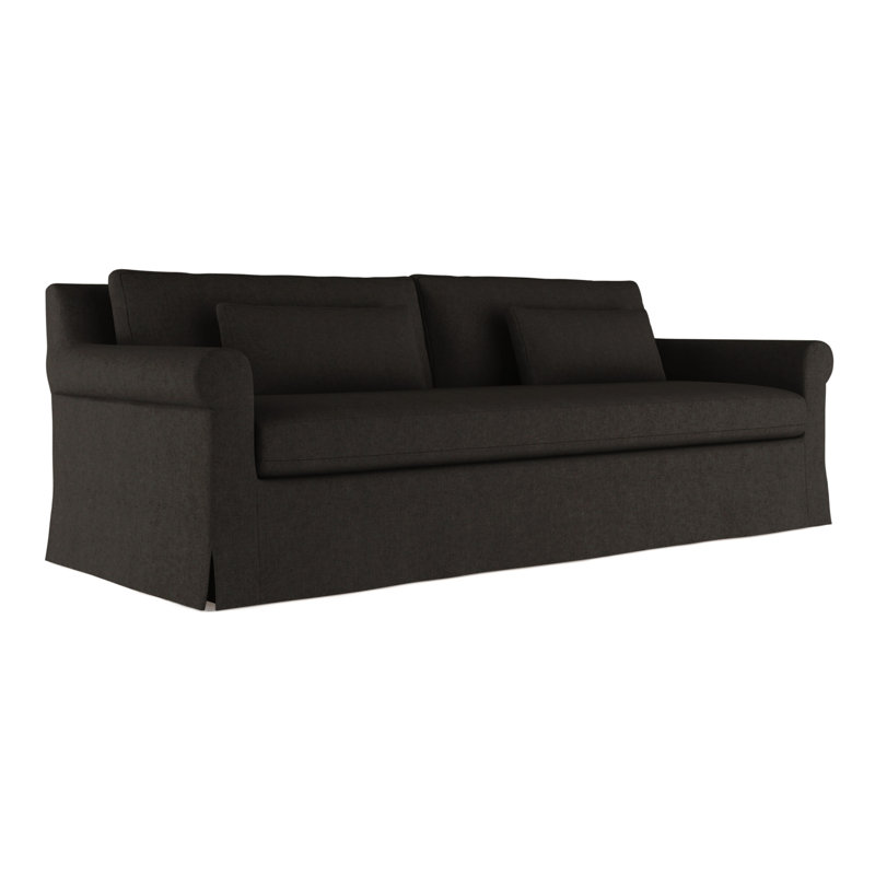 Ludlow Rolled-Arm Skirted Sofa, Plush Velvet Chocolate, Weathered, 34" H x 96" W x 38" D