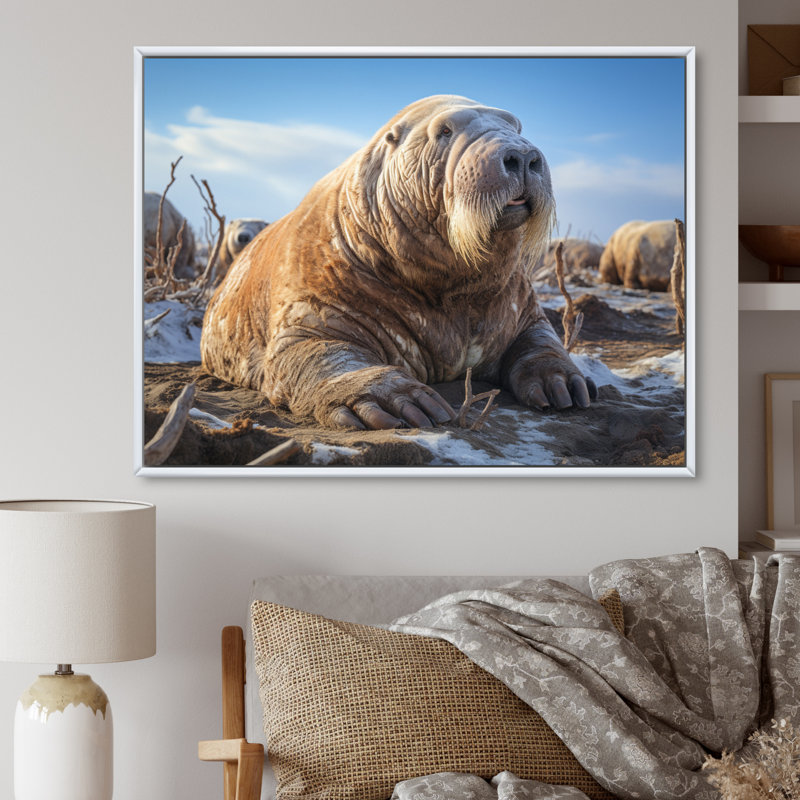 Morse toundra très grand - Reproduction d'art mural animaux, H 24 po x l 32 po x P 1 po, Cadre flottant blanc