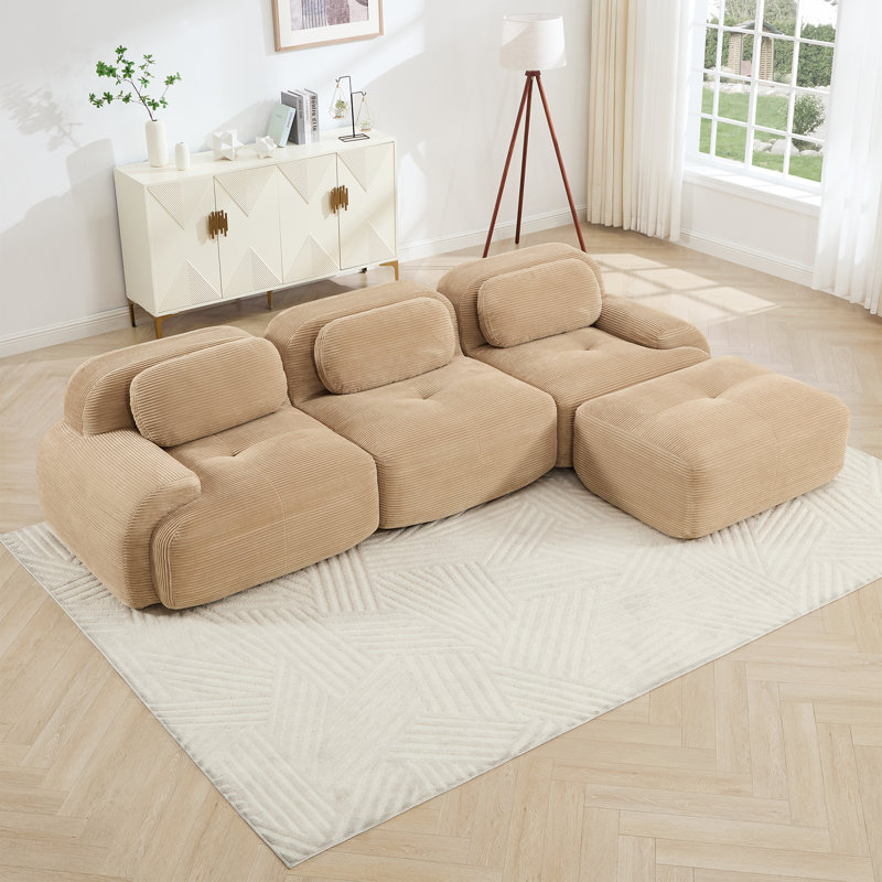 Boneless L-Shaped Corduroy Cloud Sectional Sofa With Ottoman, Camel Corduroy