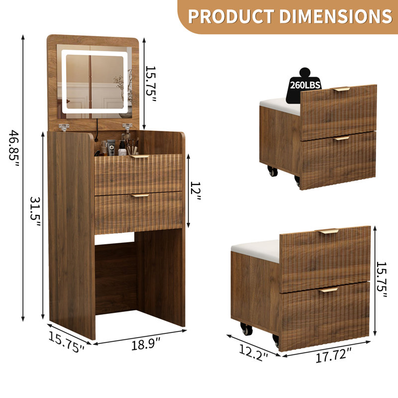 Meuble-lavabo 3 en 1 avec tabouret roulant, 3 tiroirs et charge, meuble-lavabo compact avec miroir rabattable et lumières