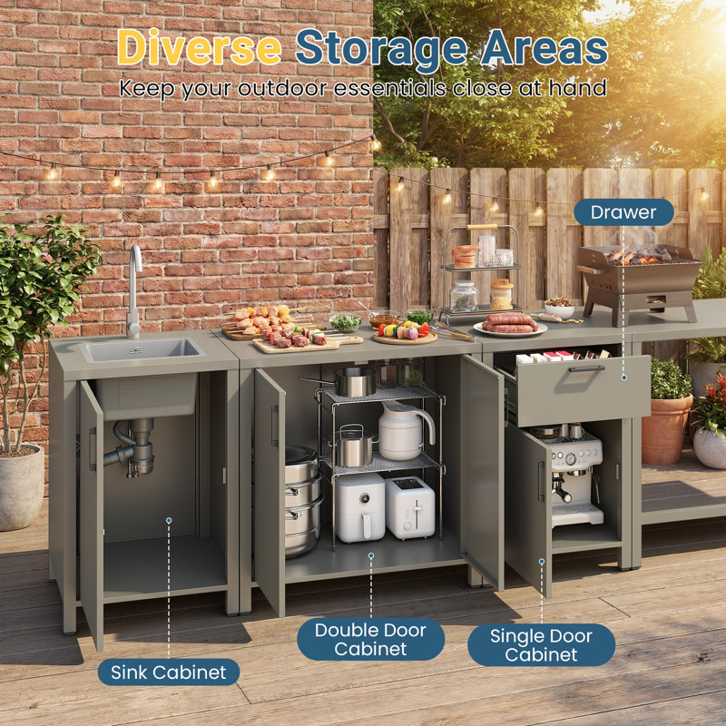Combo modulaire d'évier de cuisine d'extérieur avec tiroir et armoire de rangement, station de préparation en aluminium résistante à la rouille toutes saisons avec évier intégré, pour patio, cour arrière, terrasse