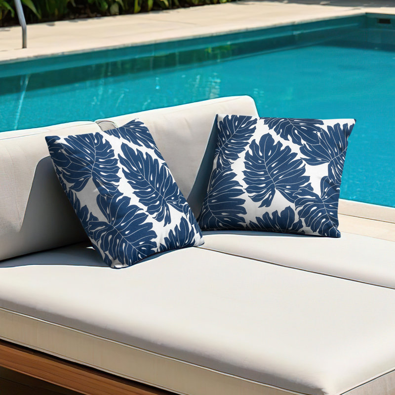 Outdoor Patio Water-Resistant Throw Pillows Set of 2, Palm Leaf Pattern, Blue/White Floral