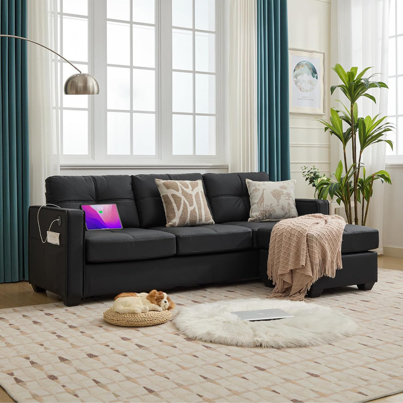 88” Square Arm Sofa With Ottoman, Black