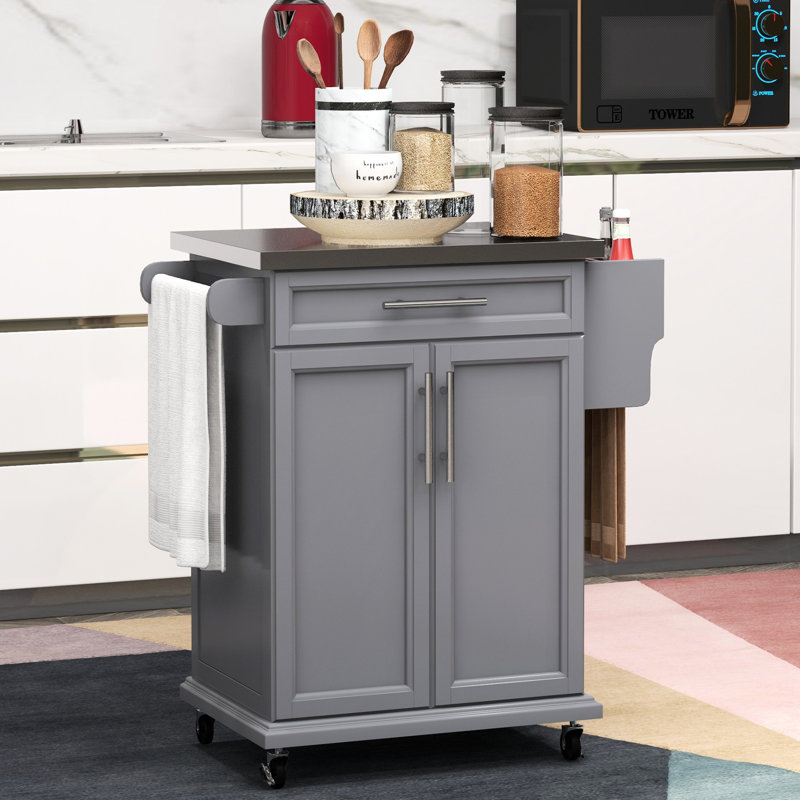 Chariot de rangement pour îlot de cuisine avec comptoir en acier inoxydable, tiroir, porte-serviettes, tablette à épices dans un chariot roulant gris, comptoir, support